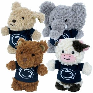 plush stuffed woolie bear, cow, dog, and elephant with Penn State t-shirts